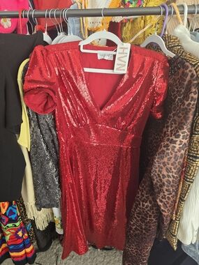 HVN Red Sequin V-Neck Mini Dress